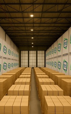 Merak opslagruimte met gestapelde dozen en witte Box@Home-containers
