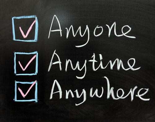 A black chalkboard with 'anyone, anytime, anywhere' written on it