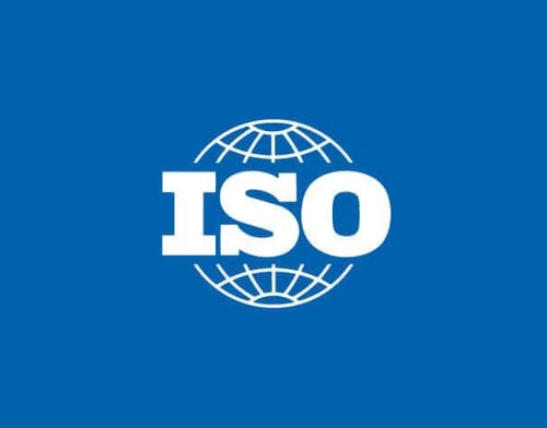 White letters of ISO on a blue background